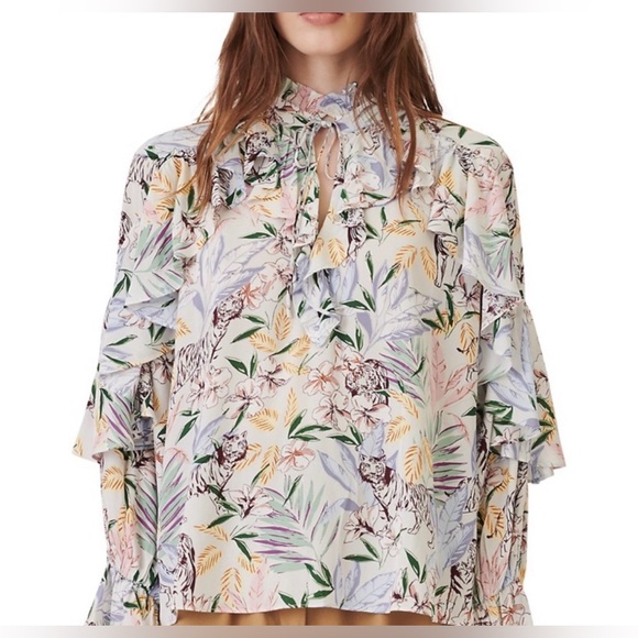 Maje Floral Ruffle Printed Long Sleeve Blouse Letrany Top Size Small - Picture 2 of 9